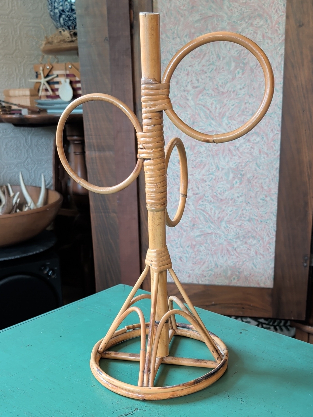 MCM Bentwood Bamboo Rattan 3 Ring Countertop Towel Holder